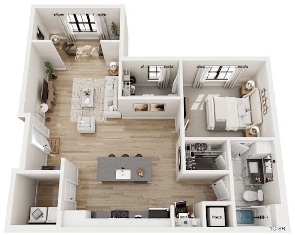 A top-down view of a modern apartment layout with a kitchen, living room, and bedrooms.