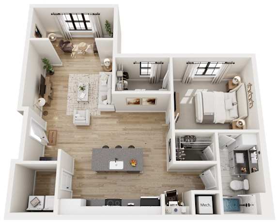 A top-down view of a modern apartment layout with a kitchen, living room, and bathroom.