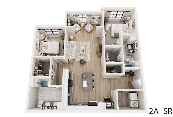 A top-down view of a small apartment layout with a kitchen, living room, and bedroom.
