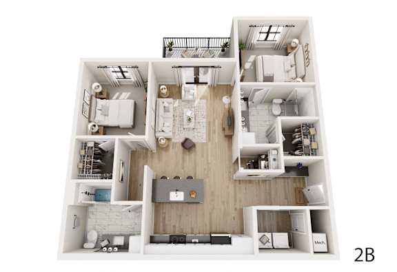 A 2B floor plan of a house with a living room, kitchen, and two bedrooms.