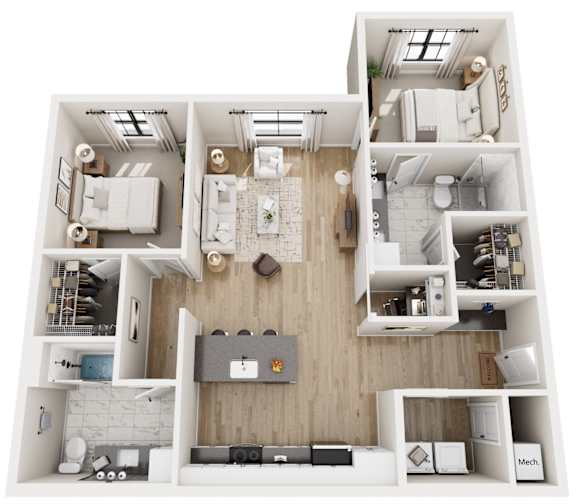 A top-down view of a small apartment layout with a kitchen, living room, and bathroom.
