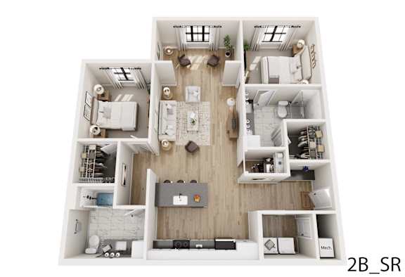 A 3D floor plan of a two bedroom, two bathroom apartment.