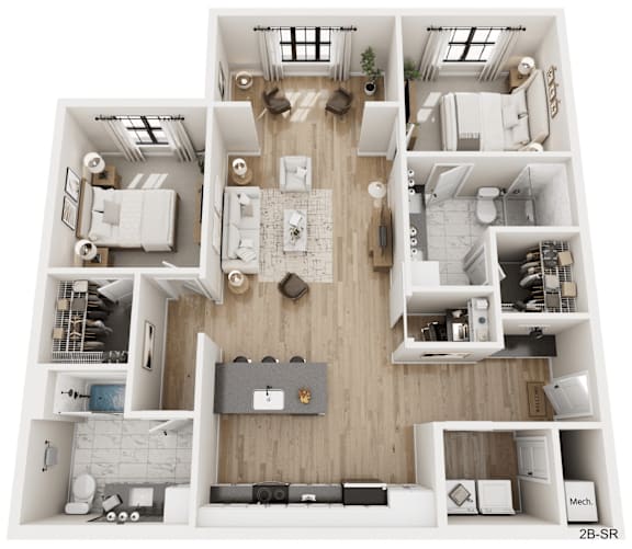 A floor plan of a house with a kitchen, living room, and bathrooms.