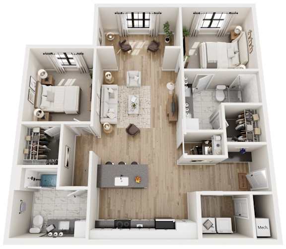 A top-down view of a small apartment layout with a kitchen, living room, and bathroom.