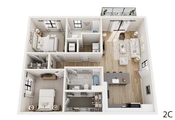 A 2C apartment layout with a kitchen, living room, and two bedrooms.