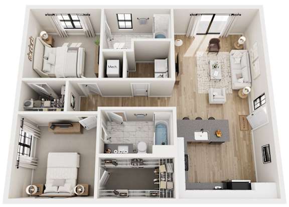 A top-down view of a modern, white-walled apartment with a kitchen, living room, and bathroom.