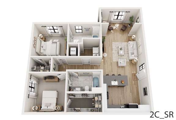 A 2C_SR floor plan shows a living room, two bedrooms, a bathroom, and a kitchen.