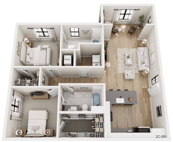 A 3D floor plan of a two-bedroom, two-bathroom apartment.