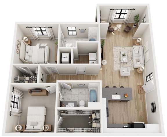 A top-down view of a modern apartment layout with labeled rooms.