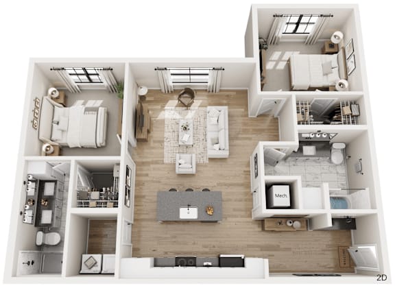 A 3D floor plan of a house with labeled rooms.