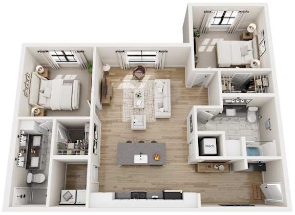 A top-down view of a modern apartment layout with a kitchen, living room, and bedrooms.