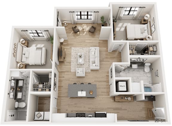 A 2D-SR image shows a detailed layout of a house with multiple rooms and furniture.