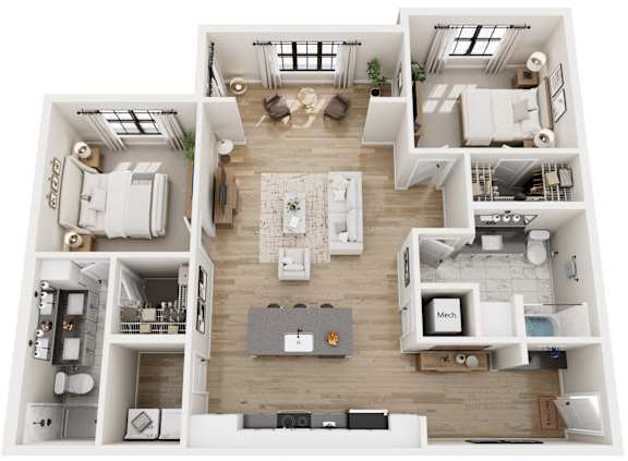 A top-down view of a house layout with a kitchen, living room, and bedrooms.
