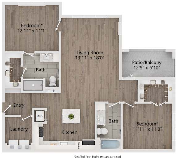 A top-down view of a modern apartment layout with a kitchen, living room, and bathroom.