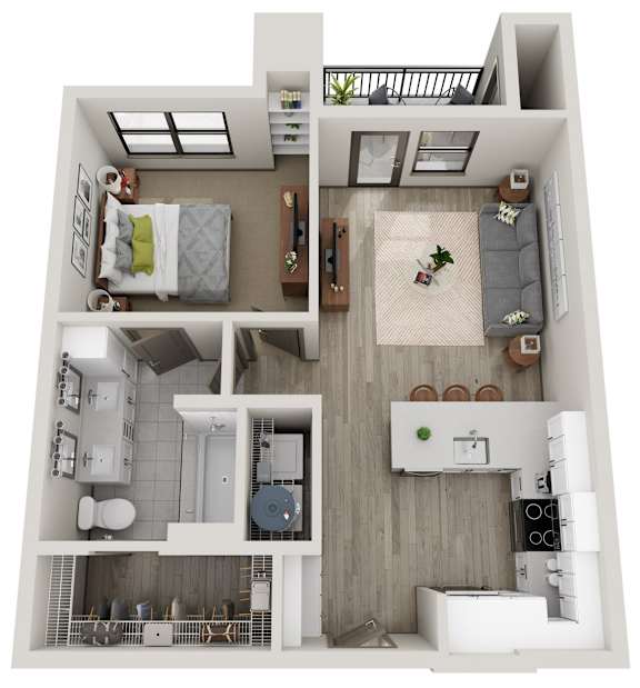 A 3D floor plan of a small apartment with a kitchen, living room, and bathroom.