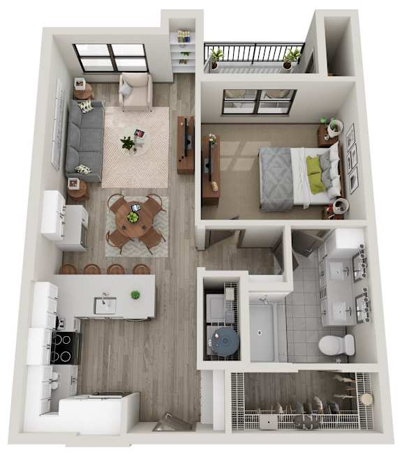 A floor plan of a small apartment with a kitchen, living room, and bathroom.