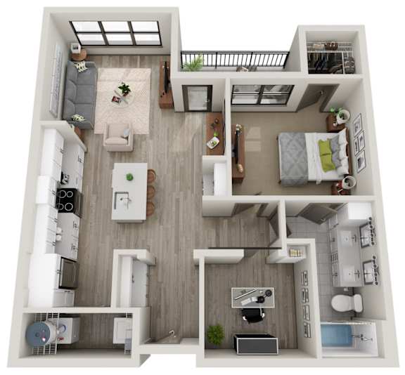 A top-down view of a small apartment with a kitchen, living room, and bedroom.