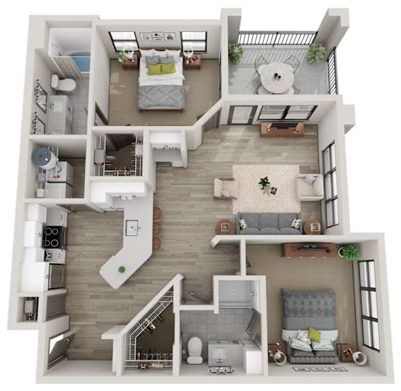 A 3D floor plan of a house with multiple rooms and furniture.