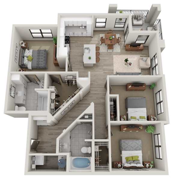 A 3D floor plan of a house with multiple rooms and furniture.