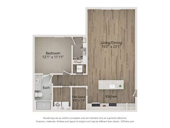 A floor plan of a small apartment with a bedroom, bathroom, kitchen, and living/dining area.