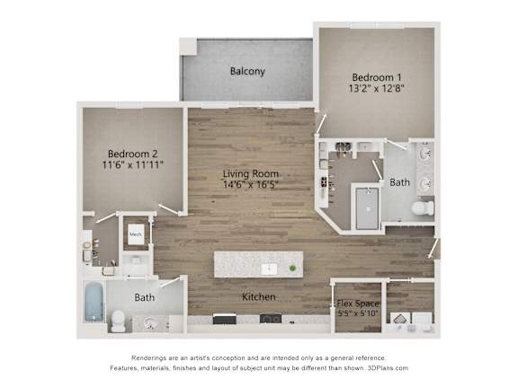 A 3D floor plan of a house with labeled rooms and dimensions.