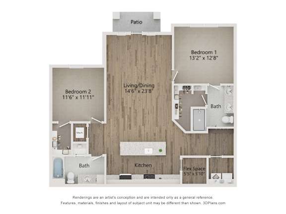 A 3D floor plan of a house with two bedrooms, a living room, kitchen, and bathrooms.