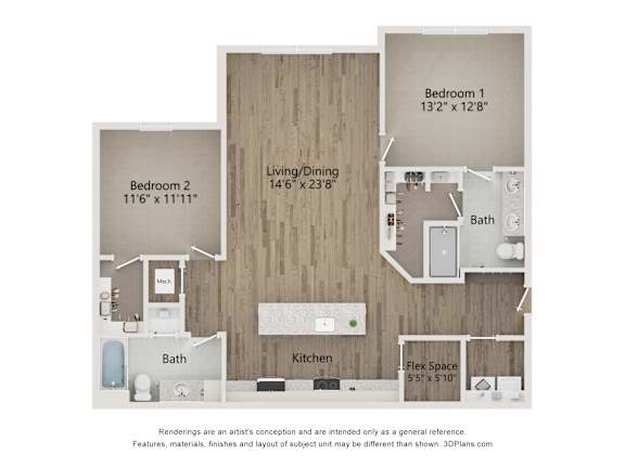 A 3D floor plan of a home with two bedrooms, a living/dining area, a kitchen, a bath, and a flex space.