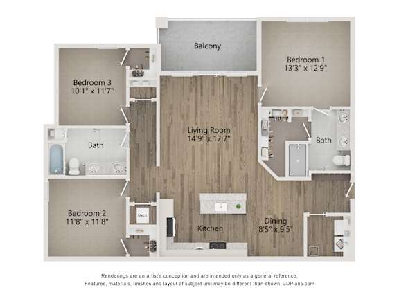 A floor plan of a house with three bedrooms, a living room, a kitchen, a dining area, and a bathroom.