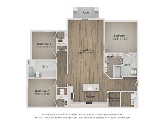 A floor plan of a house with three bedrooms, a living room, a kitchen, a bathroom, and a patio.