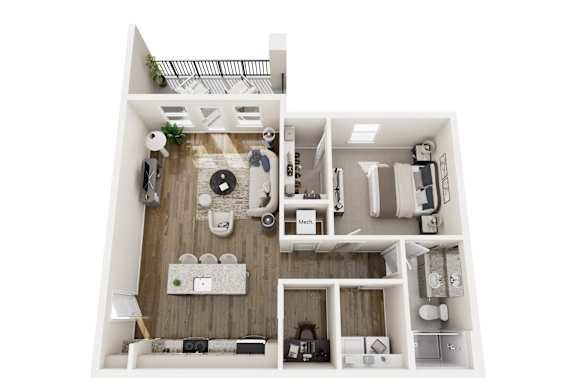 A top-down view of a small apartment with a kitchen, living room, and bathroom.