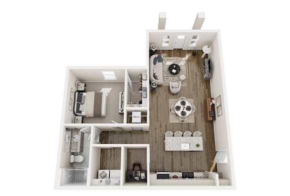 A white dollhouse with a living room, kitchen, and dining room.