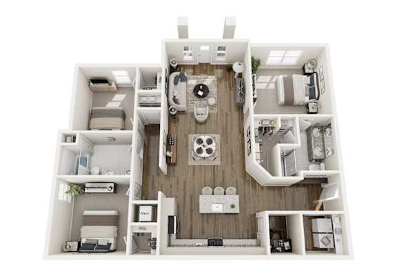 A white model of a house with a kitchen, living room, and two bedrooms.
