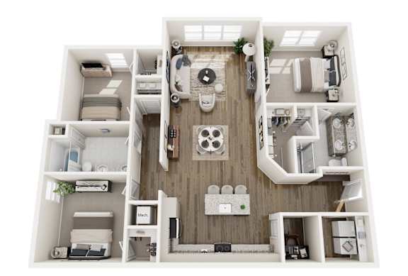 A top-down view of a small apartment layout with a kitchen, living room, and bedrooms.