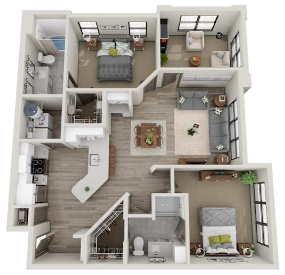 A 3D floor plan of a small apartment with two bedrooms, a living room, a kitchen, and a bathroom.