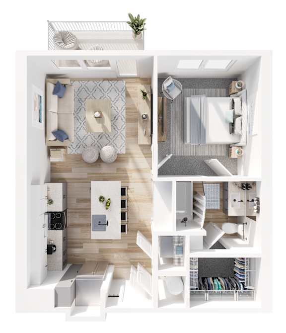 A white and wood interior design layout with a kitchen, living room, and bedroom.