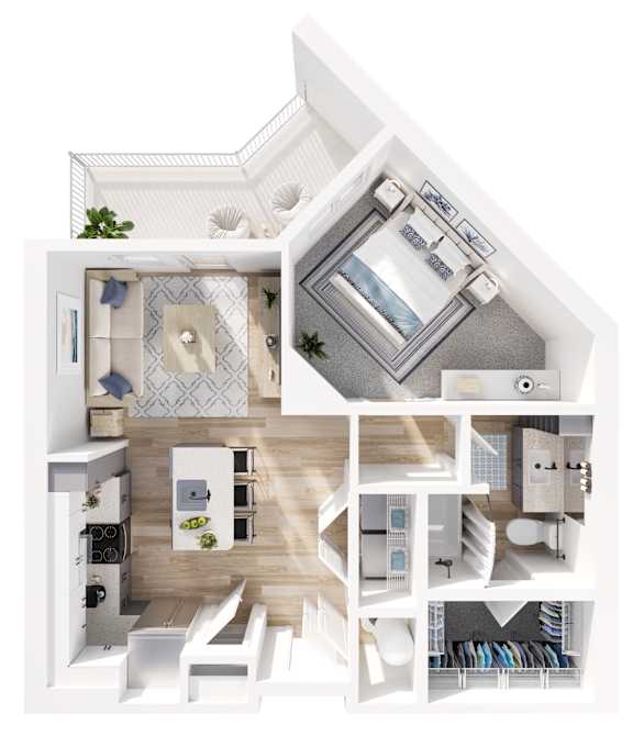 A white and wood floor plan of a house with a kitchen, living room, and bathroom.