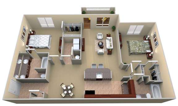 A 3D floor plan of a house with a kitchen, living room, and two bedrooms.