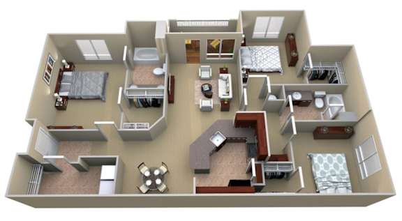 A 3D floor plan of a house with multiple rooms and furniture.