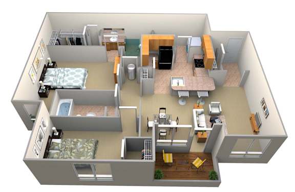 A 3D rendered image of a small apartment layout.