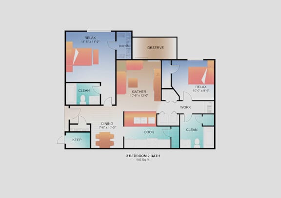 A floor plan of a 2 bedroom apartment with a bathroom.