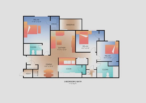 A floor plan of a 3 bedroom 2 bath apartment.