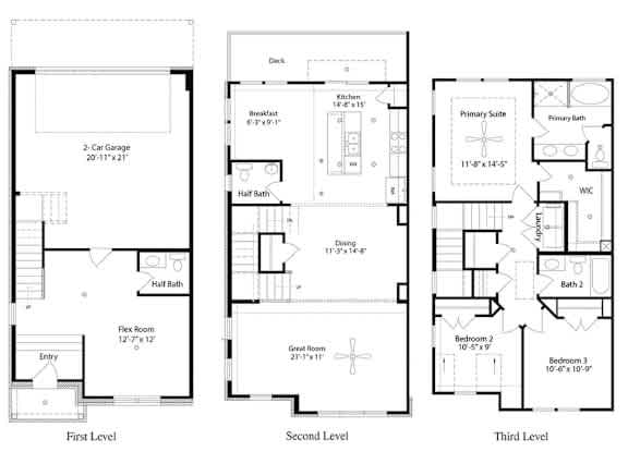 A set of three floor plans for a house, one for each level.