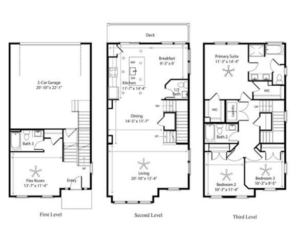 A floor plan of a three-level home with labeled rooms and dimensions.