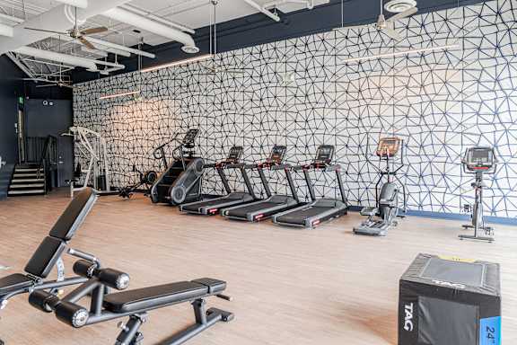 A gym with a variety of equipment including treadmills, weights, and a box labeled "TAG".
