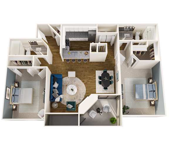 A floor plan of a house with a living room, dining room, kitchen, and two bedrooms.