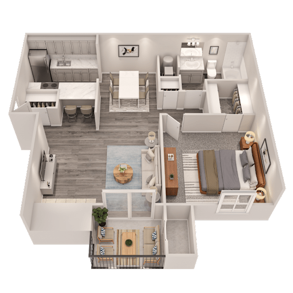 A 3D floor plan of a small apartment with a kitchen, living room, and bedroom.