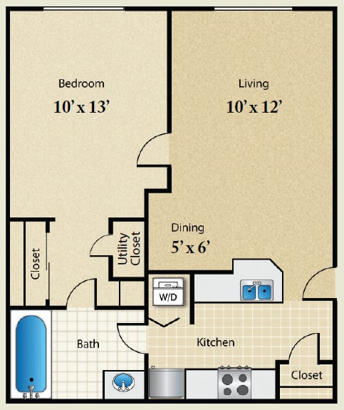 A floor plan of a small apartment with a bedroom, living room, kitchen, and bathroom.