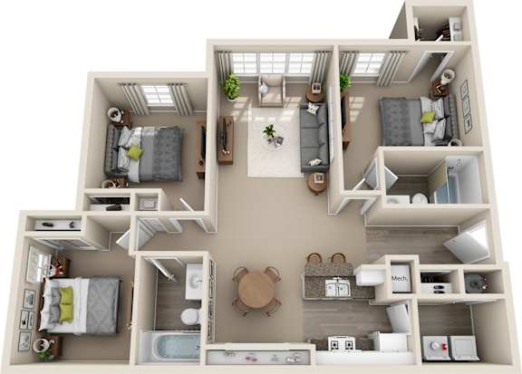 A 3D floor plan of a small apartment with a kitchen, living room, and two bedrooms.