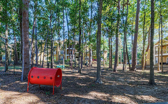 A red barrel sits in the middle of a forest with trees and buildings in the background.
