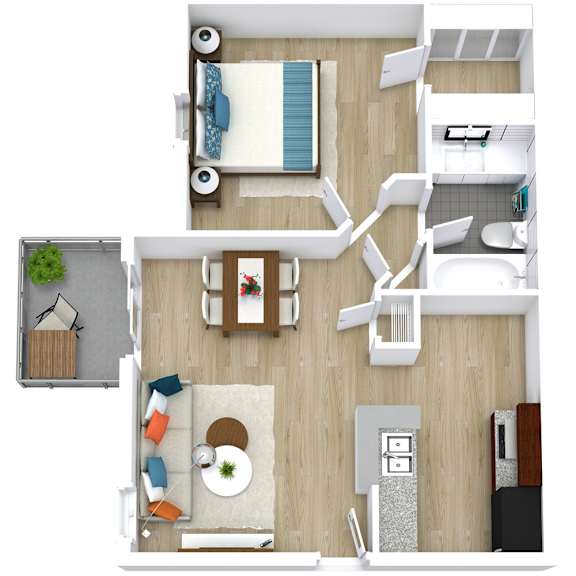 A top-down view of a modern apartment layout with a living room, kitchen, and bathroom.